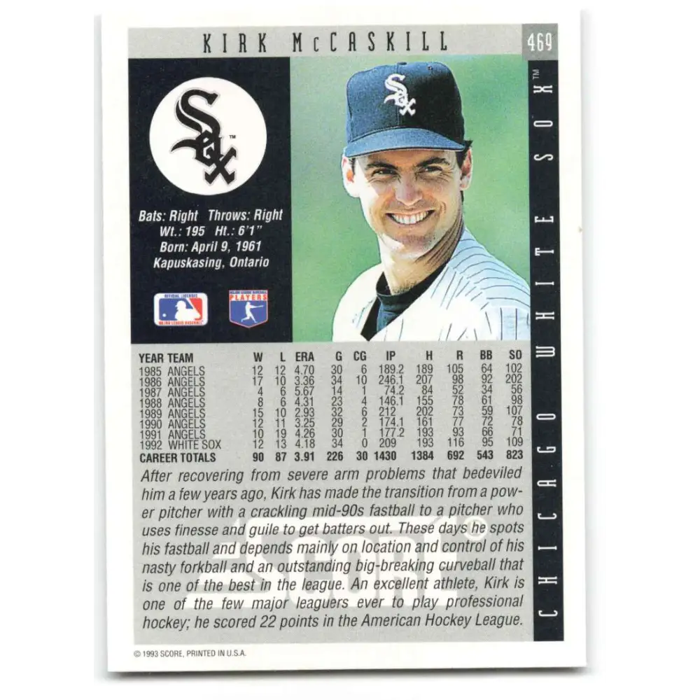 1993 Score #469 Kirk McCaskill NM-MT Chicago White Sox Baseball Card Image 2