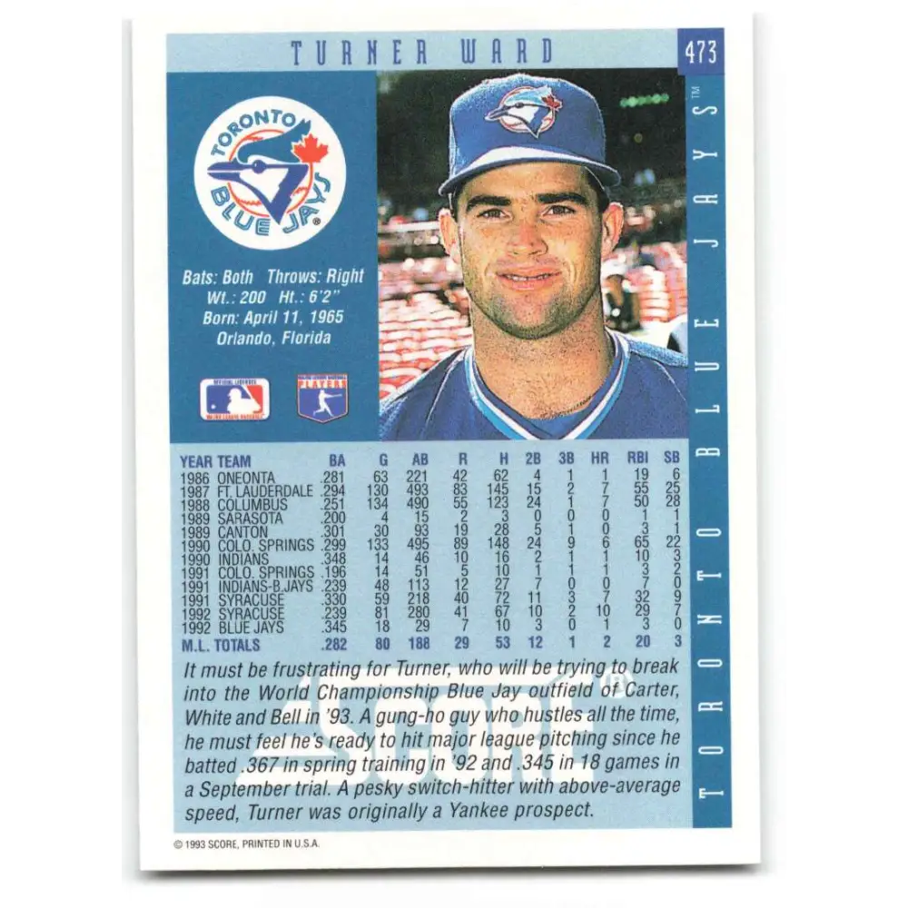 1993 Score #473 Turner Ward NM-MT Toronto Blue Jays Baseball Card Image 2