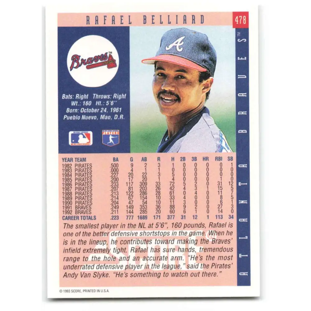 1993 Score #478 Rafael Belliard NM-MT Atlanta Braves Baseball Card Image 2
