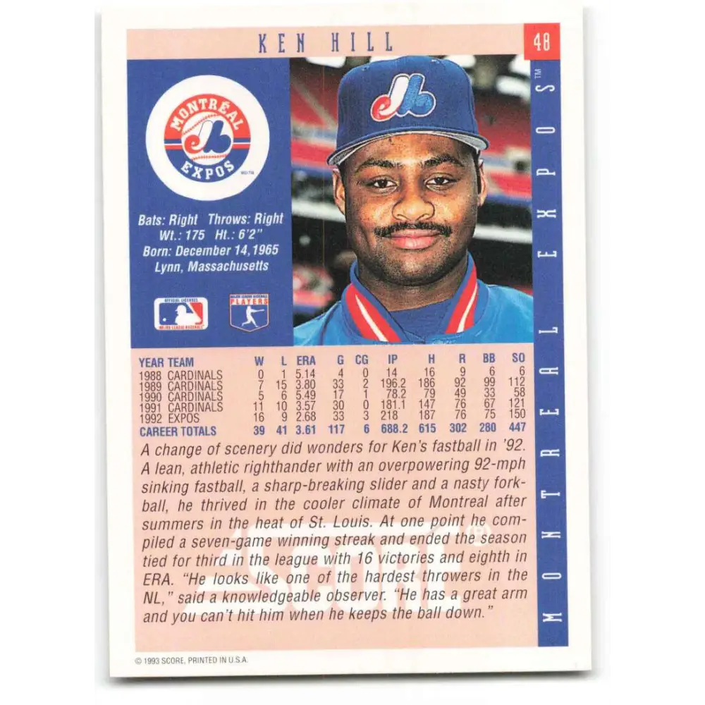 1993 Score #48 Ken Hill NM-MT Montreal Expos Baseball Card Image 2