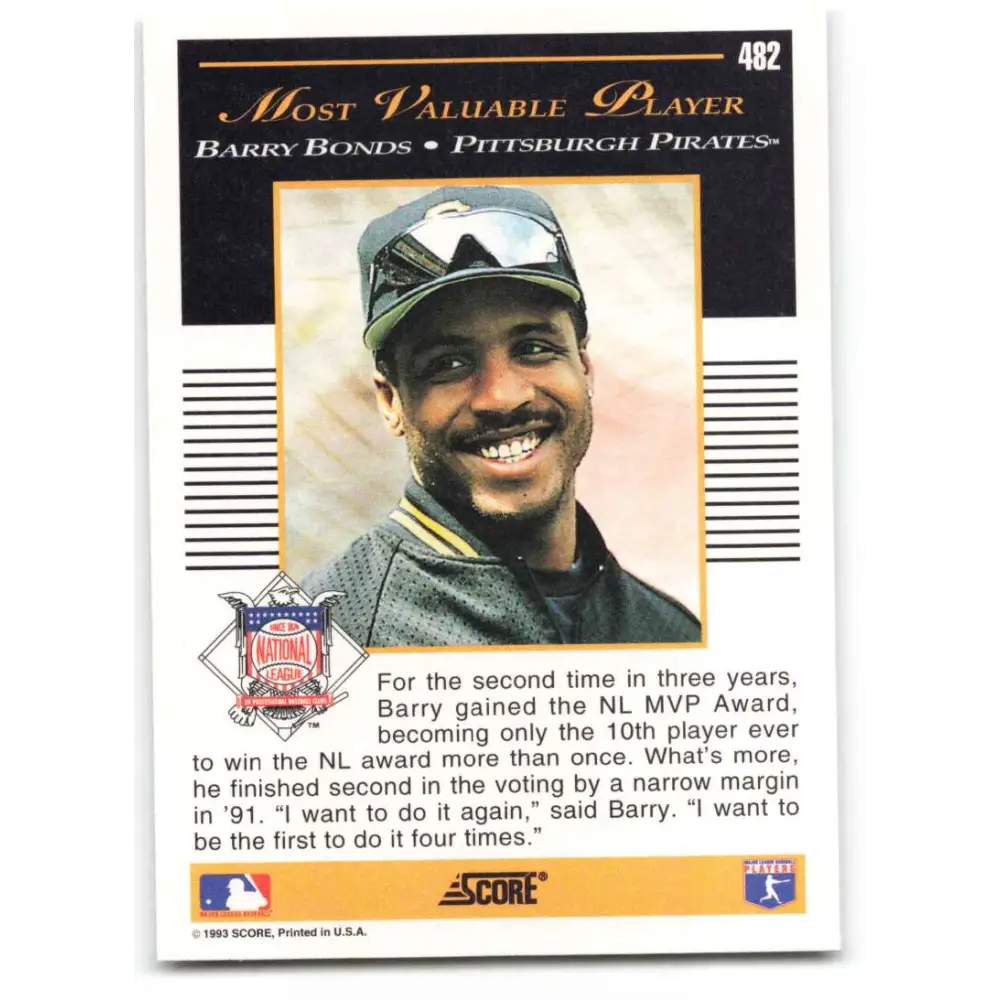 1993 Score #482 Barry Bonds AW NM-MT Pittsburgh Pirates Baseball Card Image 2