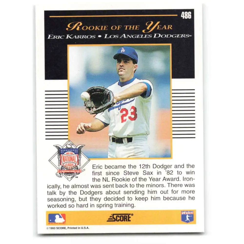 1993 Score #486 Eric Karros AW NM-MT Los Angeles Dodgers Baseball Card Image 2
