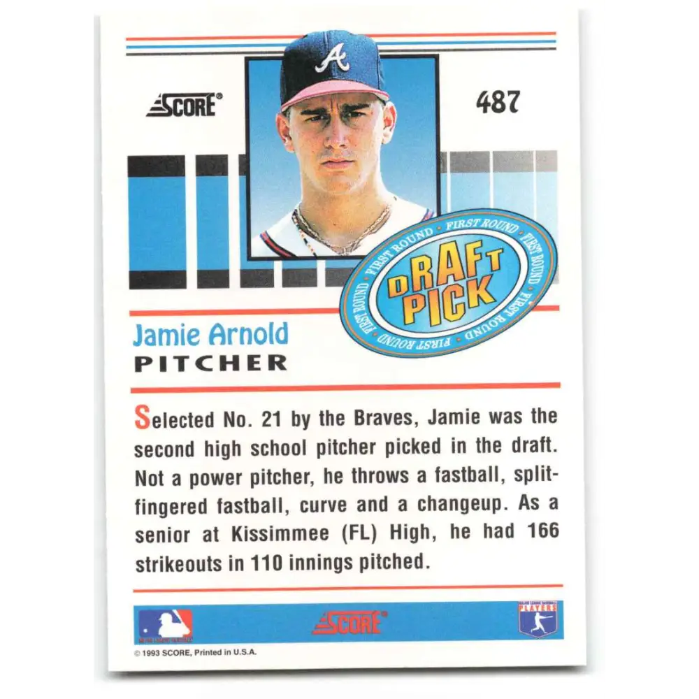 1993 Score #487 Jamie Arnold NM-MT RC Rookie Atlanta Braves Baseball Card Image 2