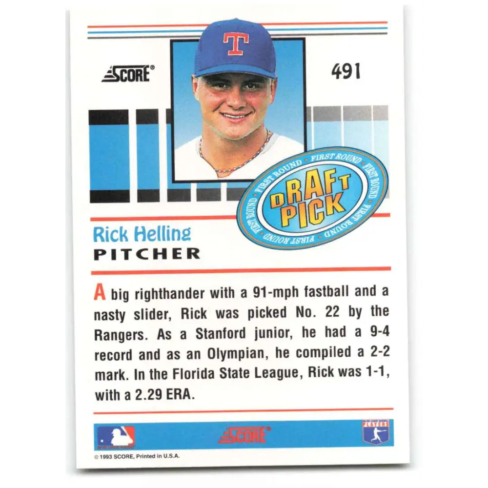 1993 Score #491 Rick Helling NM-MT Texas Rangers Baseball Card Image 2
