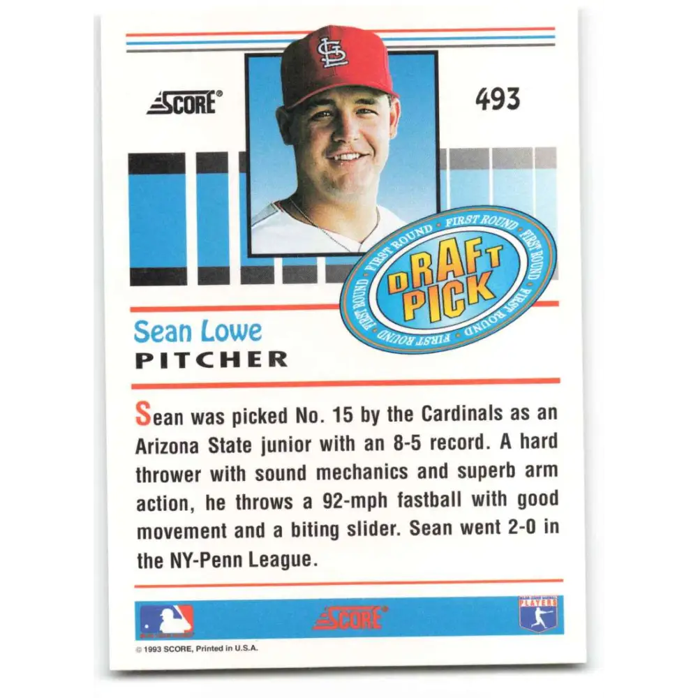 1993 Score #493 Sean Lowe NM-MT RC Rookie St. Louis Cardinals Baseball Card Image 2