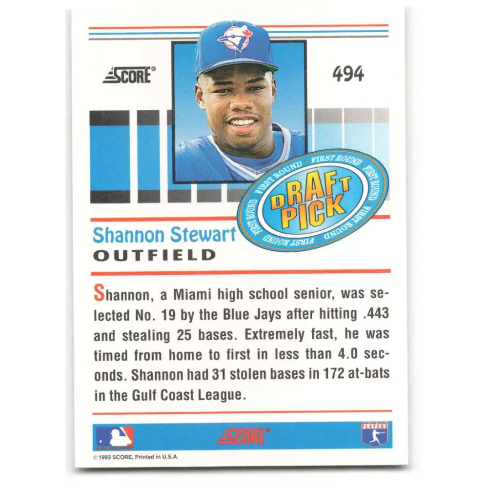 1993 Score #494 Shannon Stewart NM-MT RC Rookie Toronto Blue Jays Baseball Card Image 2