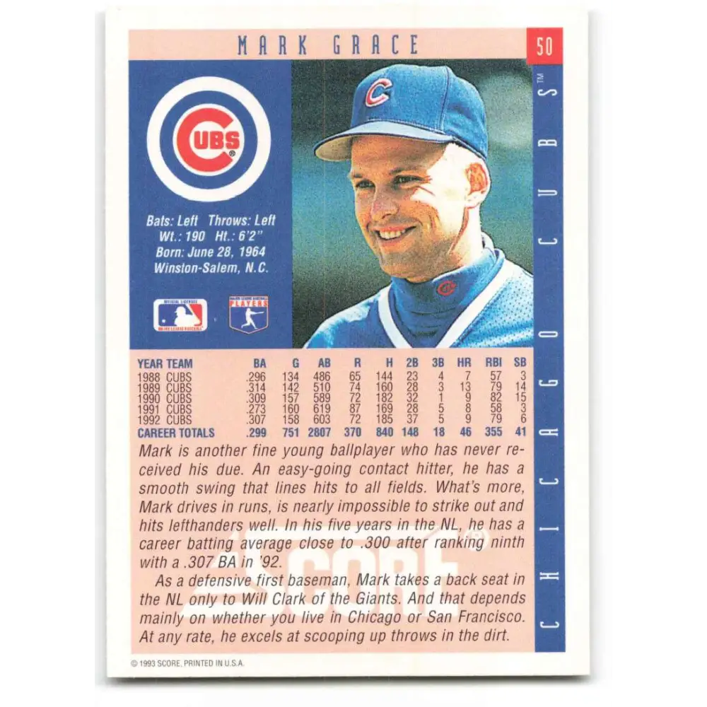 1993 Score #50 Mark Grace NM-MT Chicago Cubs Baseball Card Image 2
