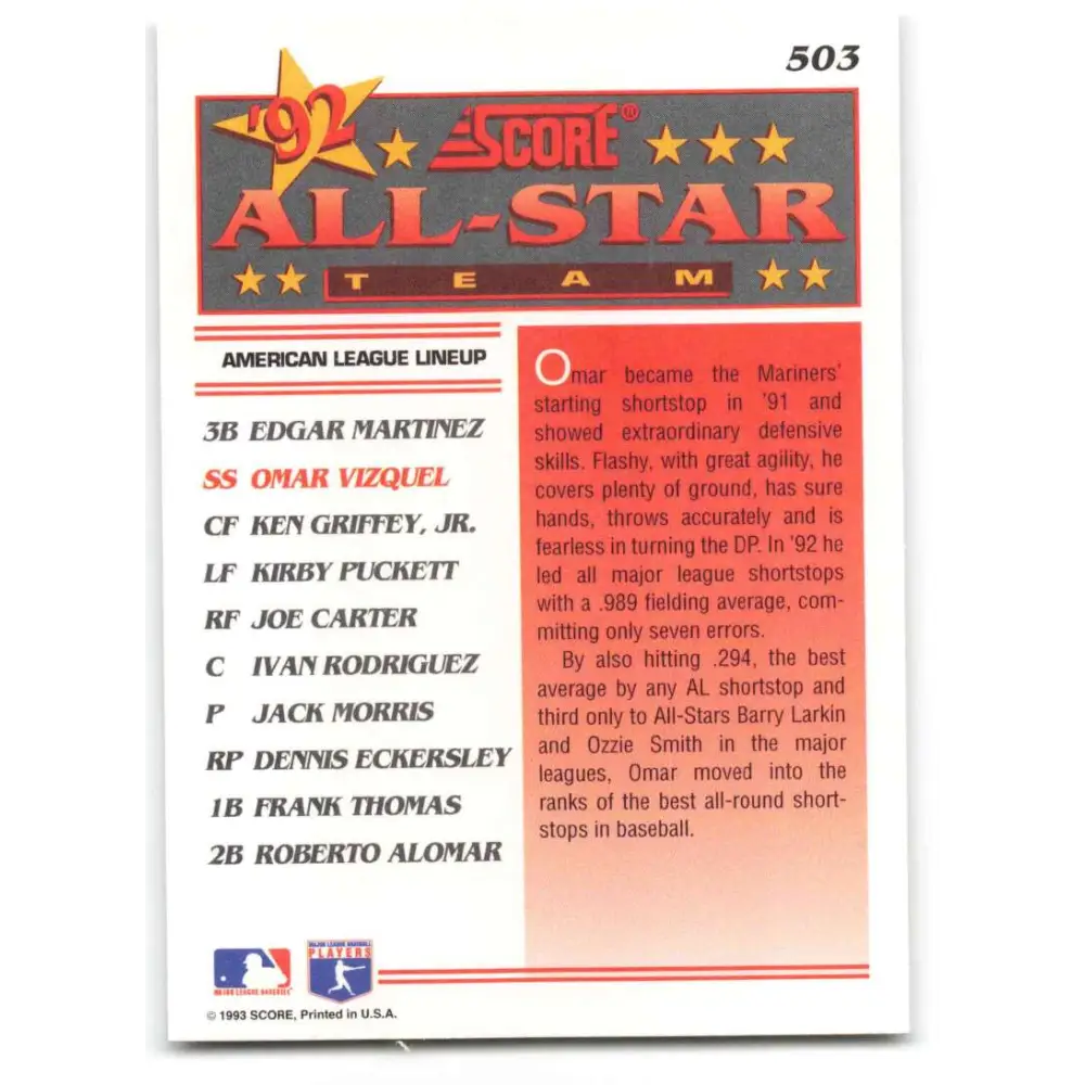 1993 Score #503 Omar Vizquel AS NM-MT Seattle Mariners Baseball Card Image 2