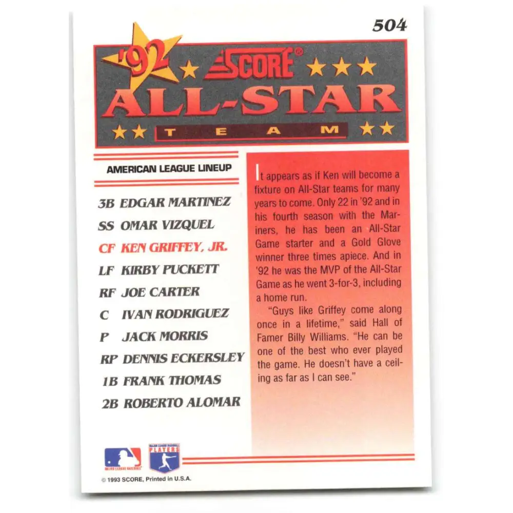 1993 Score #504 Ken Griffey Jr. AS NM-MT Seattle Mariners Baseball Card Image 2