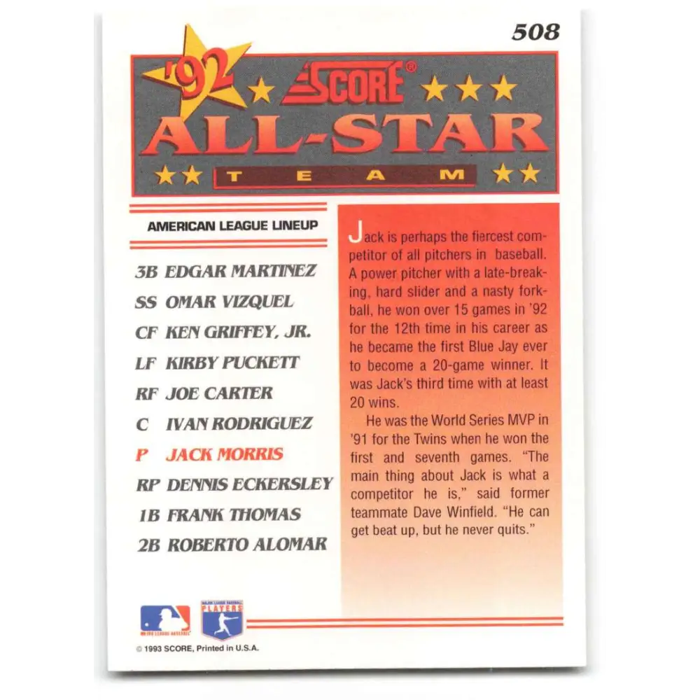 1993 Score #508 Jack Morris AS NM-MT Toronto Blue Jays Baseball Card Image 2