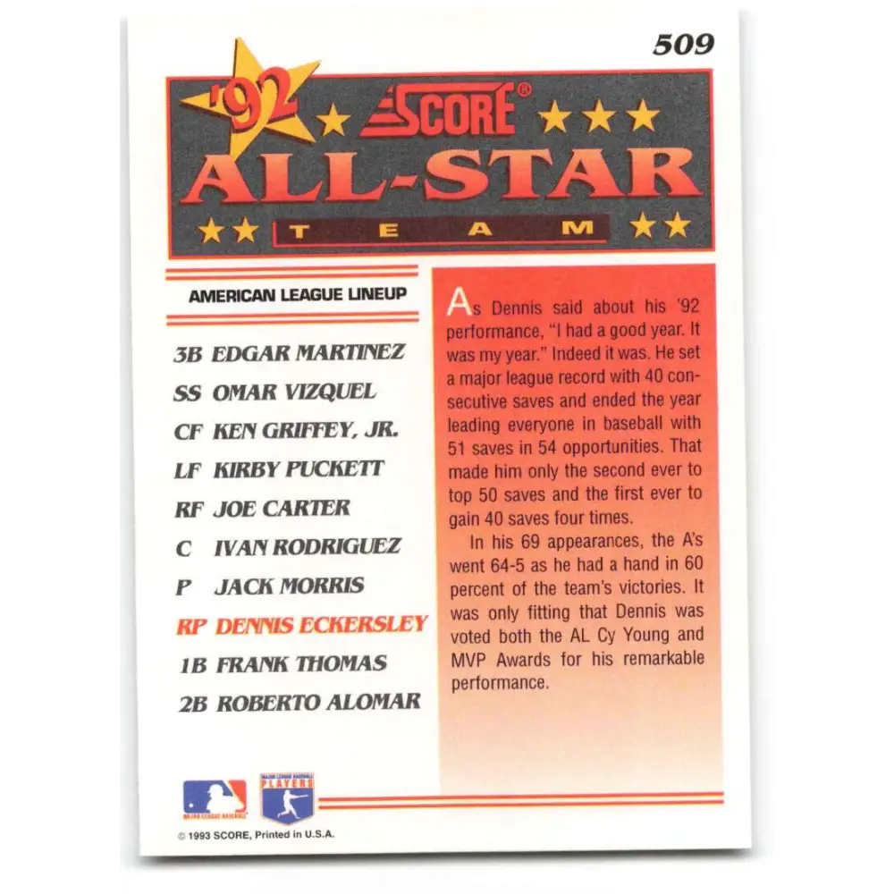 1993 Score #509 Dennis Eckersley AS NM-MT Oakland Athletics Baseball Card Image 2