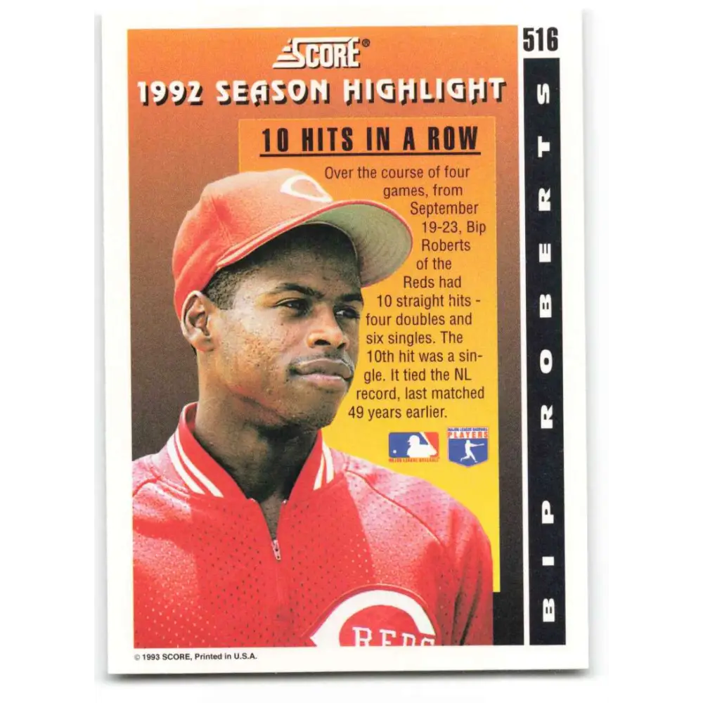 1993 Score #516 Bip Roberts HL NM-MT Cincinnati Reds Baseball Card Image 2