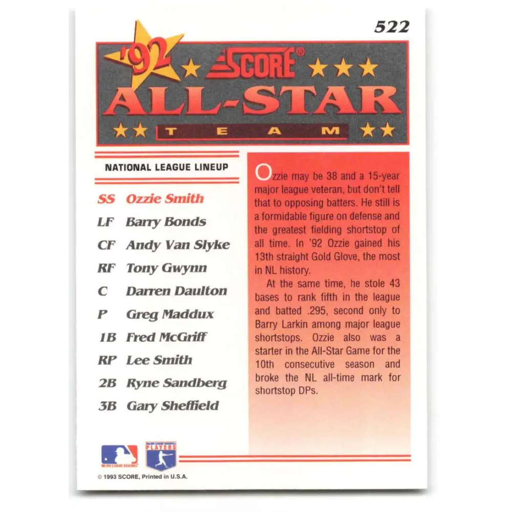 1993 Score #522 Ozzie Smith AS NM-MT St. Louis Cardinals Baseball Card Image 2