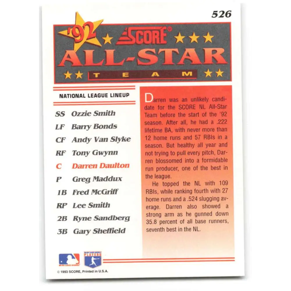1993 Score #526 Darren Daulton AS NM-MT Philadelphia Phillies Baseball Card Image 2