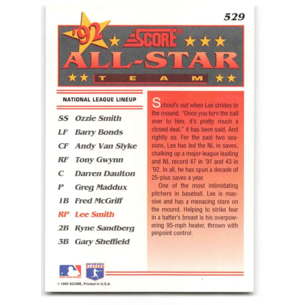 1993 Score #529 Lee Smith AS NM-MT St. Louis Cardinals Baseball Card Image 2