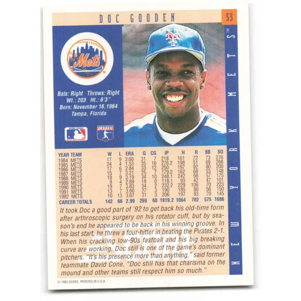 1993 Score #53 Dwight Gooden NM-MT New York Mets Baseball Card Image 2