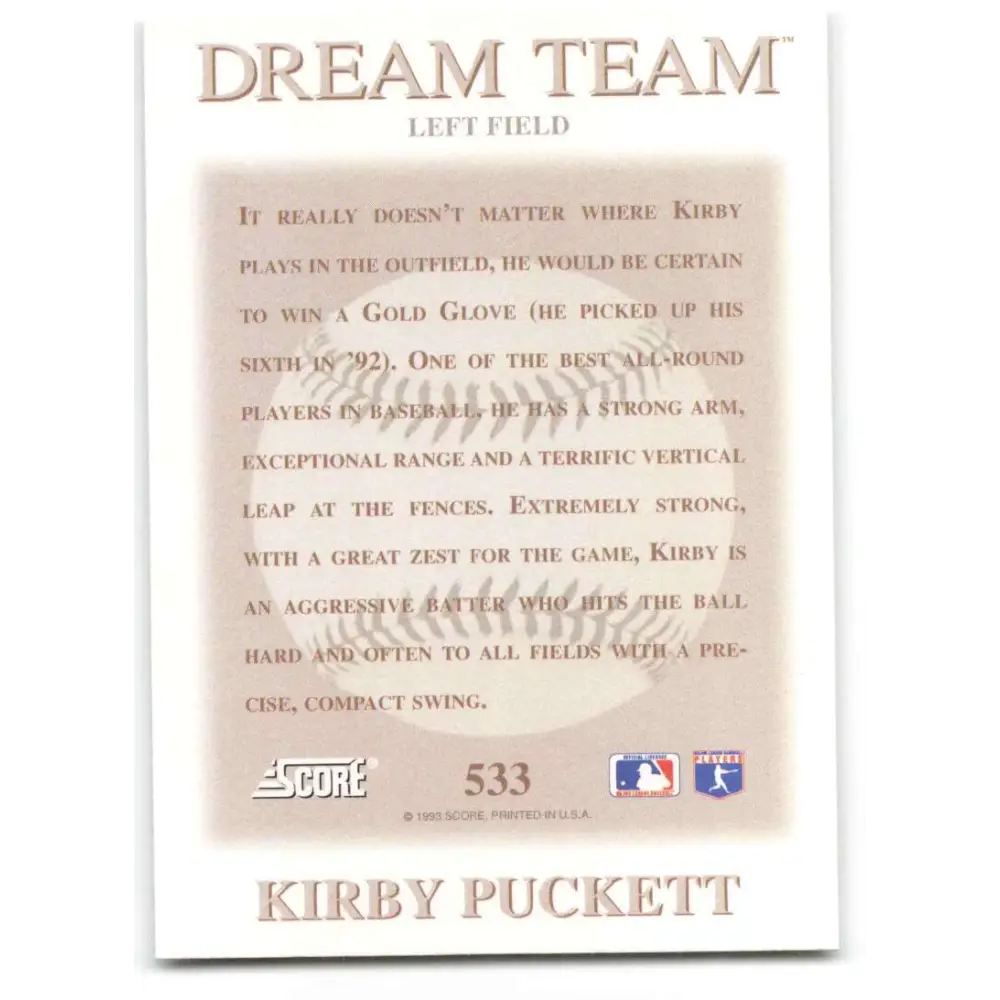 1993 Score #533 Kirby Puckett DT NM-MT Minnesota Twins Baseball Card Image 2