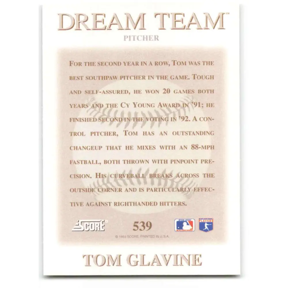 1993 Score #539 Tom Glavine DT NM-MT Atlanta Braves Baseball Card Image 2