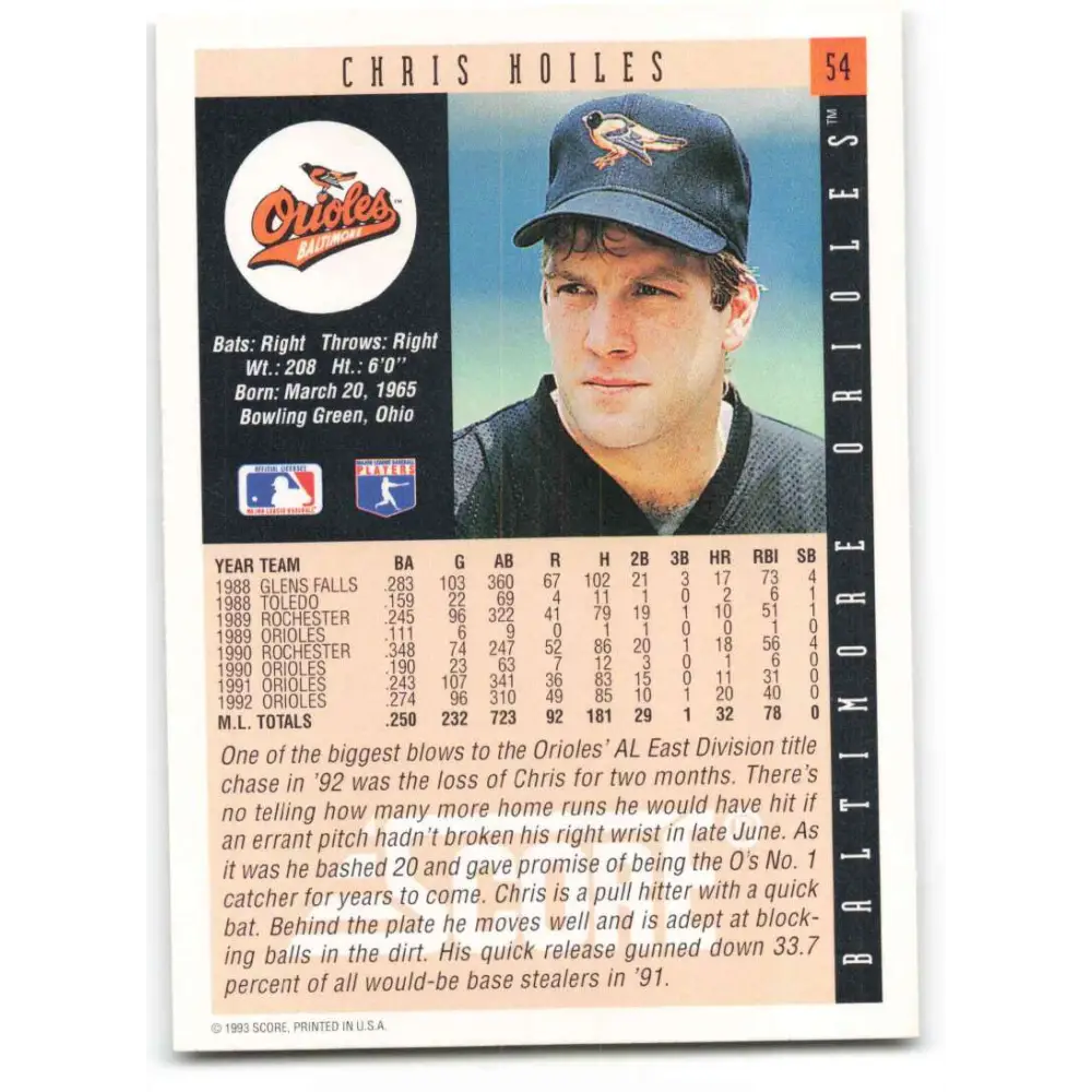 1993 Score #54 Chris Hoiles NM-MT Baltimore Orioles Baseball Card Image 2