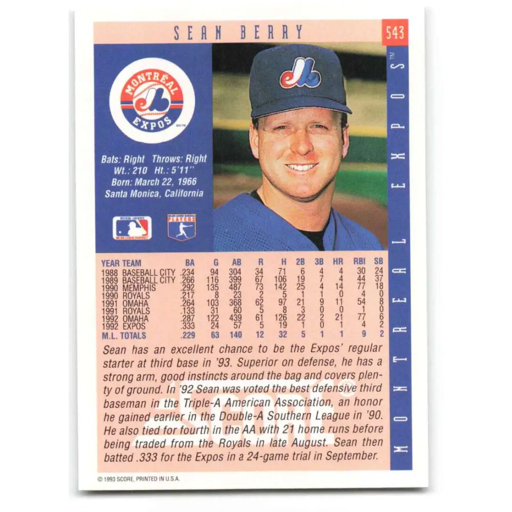 1993 Score #543 Sean Berry NM-MT Montreal Expos Baseball Card Image 2