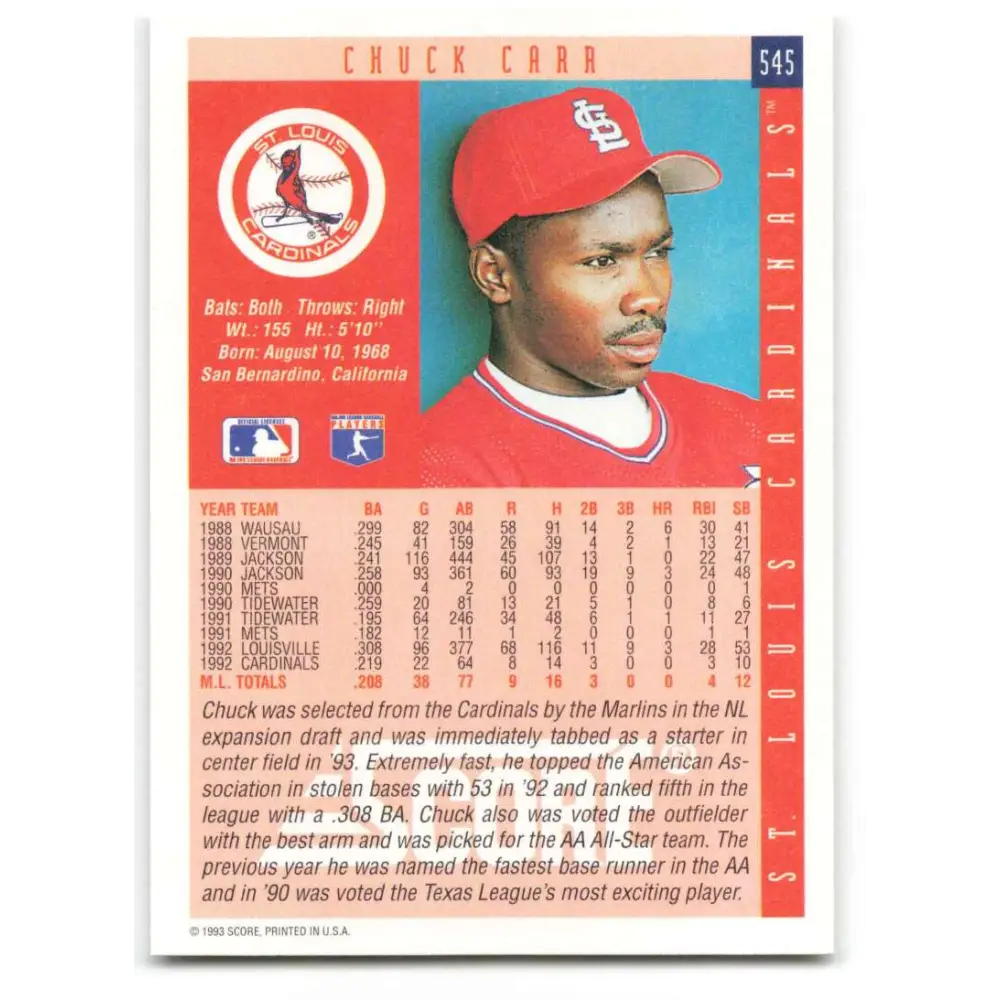 1993 Score #545 Chuck Carr NM-MT St. Louis Cardinals Baseball Card Image 2