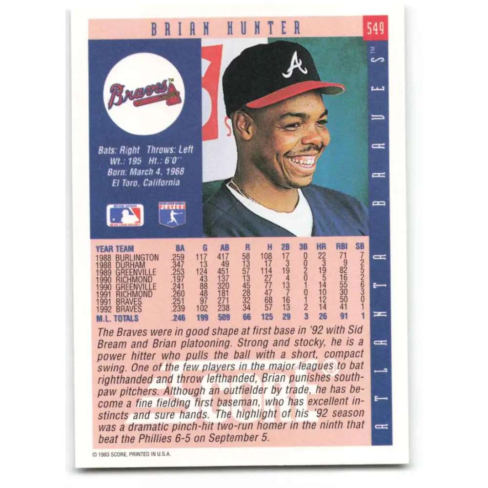 1993 Score #549 Brian Hunter NM-MT Atlanta Braves Baseball Card Image 2