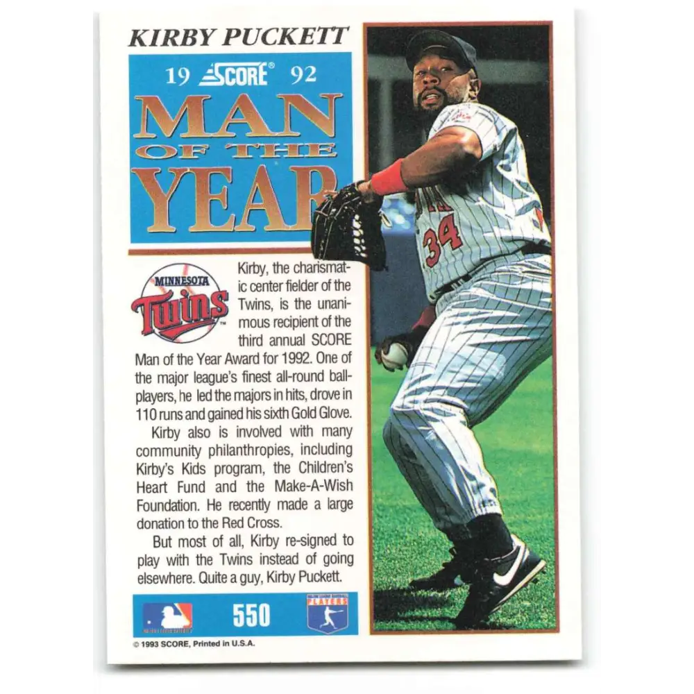 1993 Score #550 Kirby Puckett MOY NM-MT Minnesota Twins Baseball Card Image 2