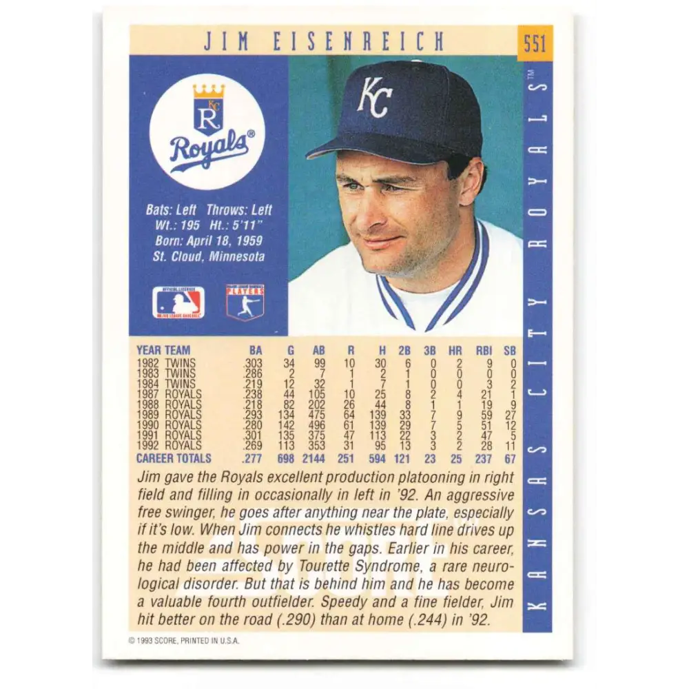 1993 Score #551 Jim Eisenreich NM-MT Kansas City Royals Baseball Card Image 2