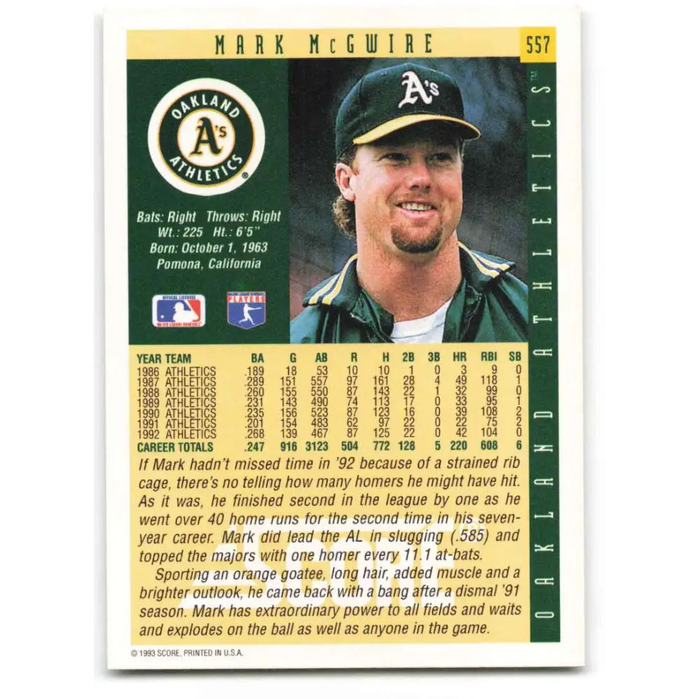 1993 Score #557 Mark McGwire NM-MT Oakland Athletics Baseball Card Image 2
