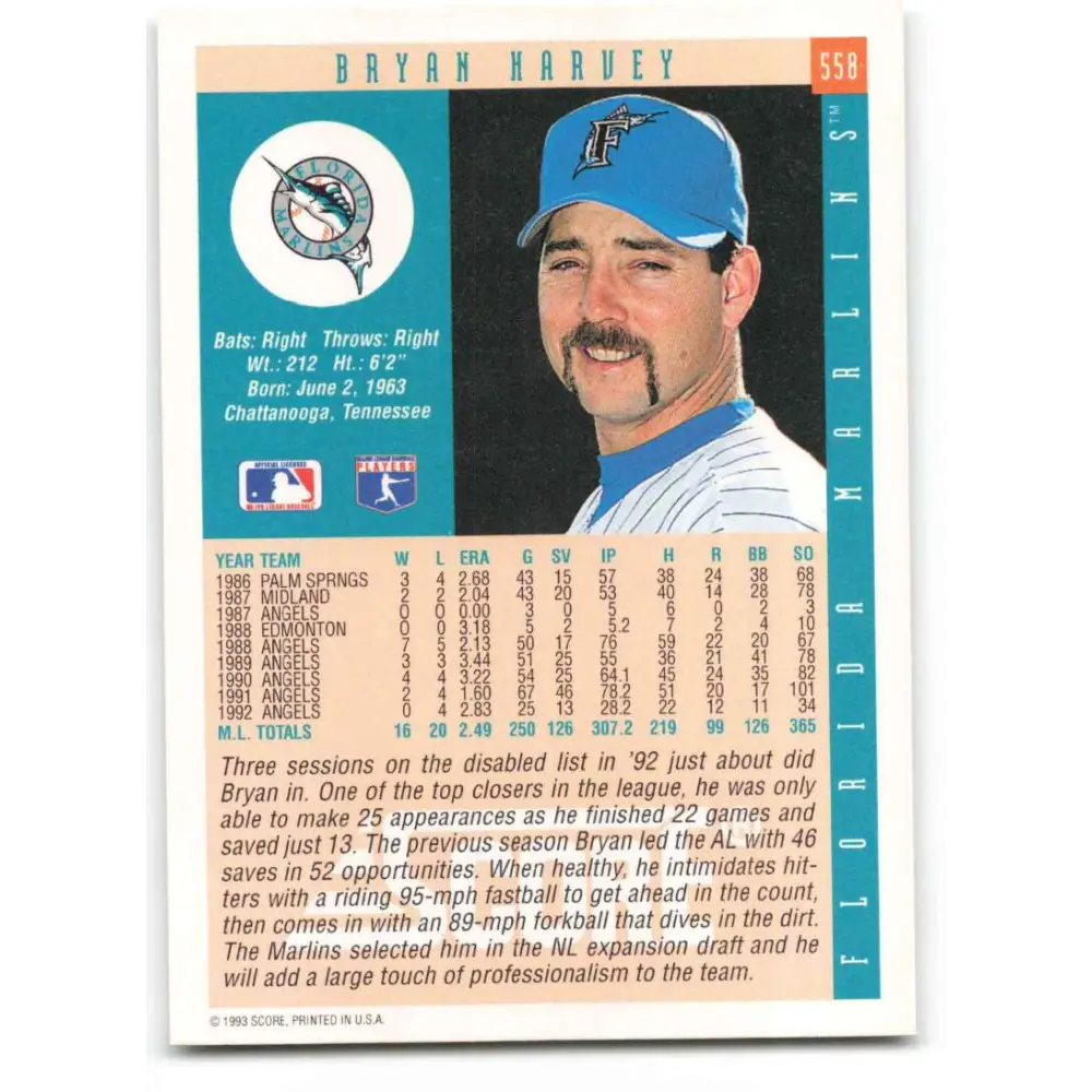 1993 Score #558 Bryan Harvey NM-MT Florida Marlins Baseball Card Image 2