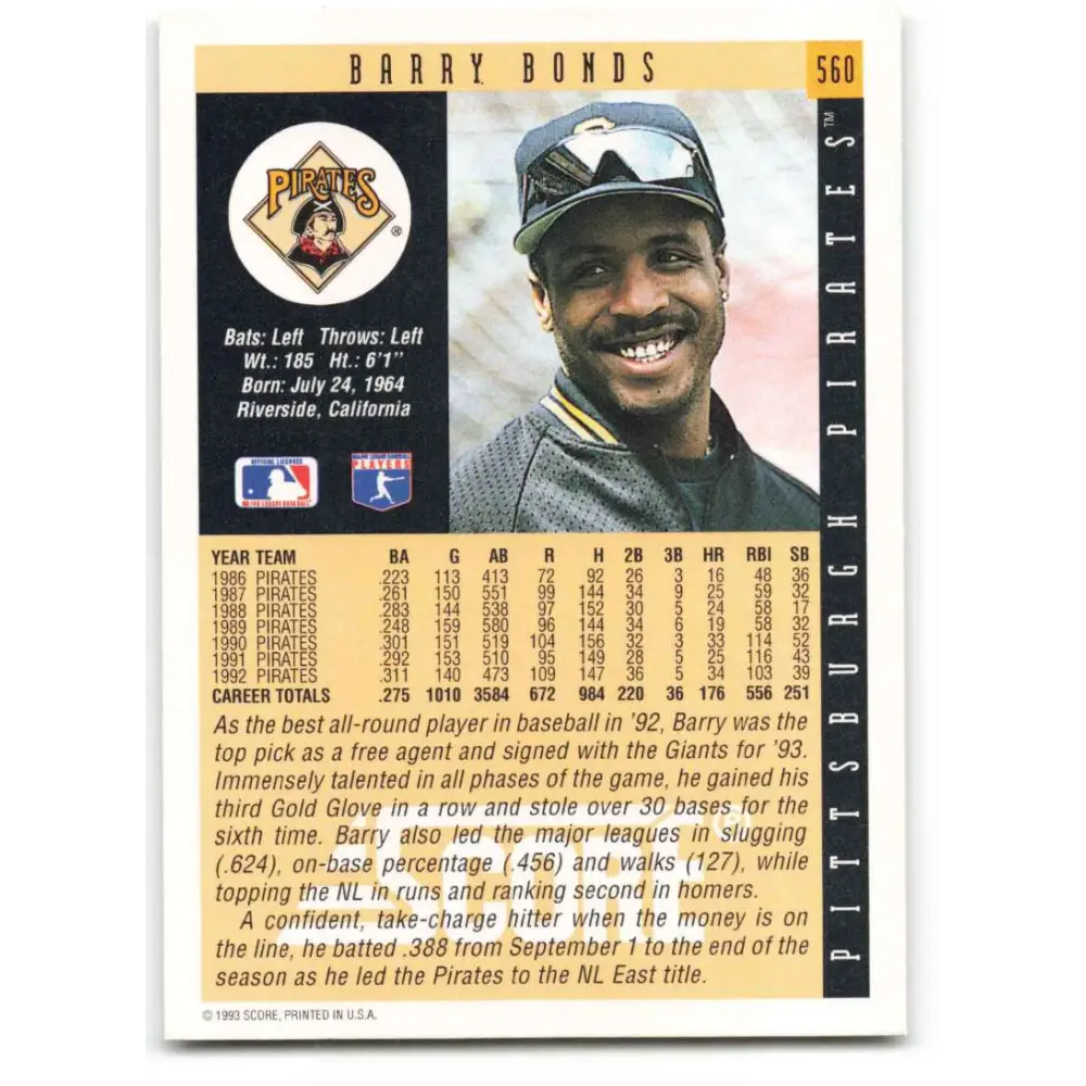 1993 Score #560 Barry Bonds NM-MT Pittsburgh Pirates Baseball Card Image 2