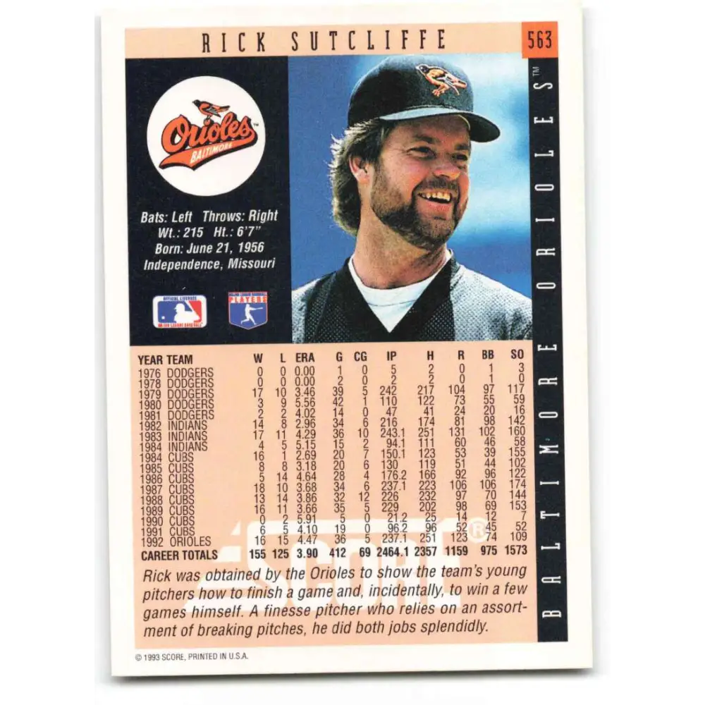1993 Score #563 Rick Sutcliffe NM-MT Baltimore Orioles Baseball Card Image 2