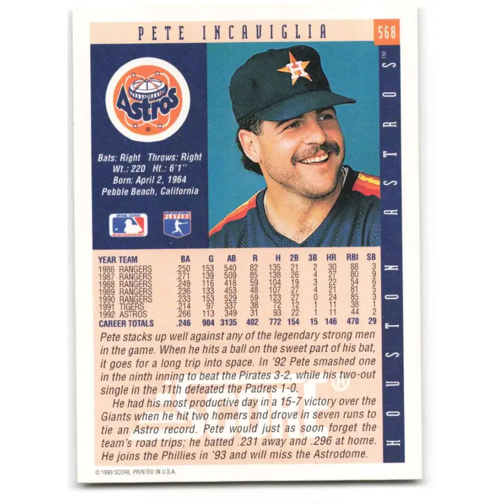 1993 Score #568 Pete Incaviglia NM-MT Houston Astros Baseball Card Image 2