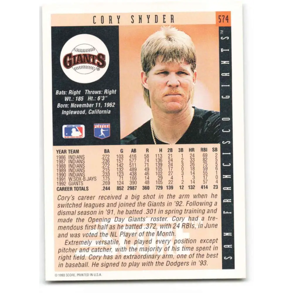 1993 Score #574 Cory Snyder NM-MT San Francisco Giants Baseball Card Image 2