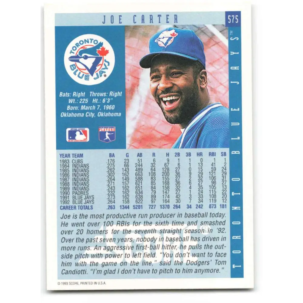 1993 Score #575 Joe Carter NM-MT Toronto Blue Jays Baseball Card Image 2