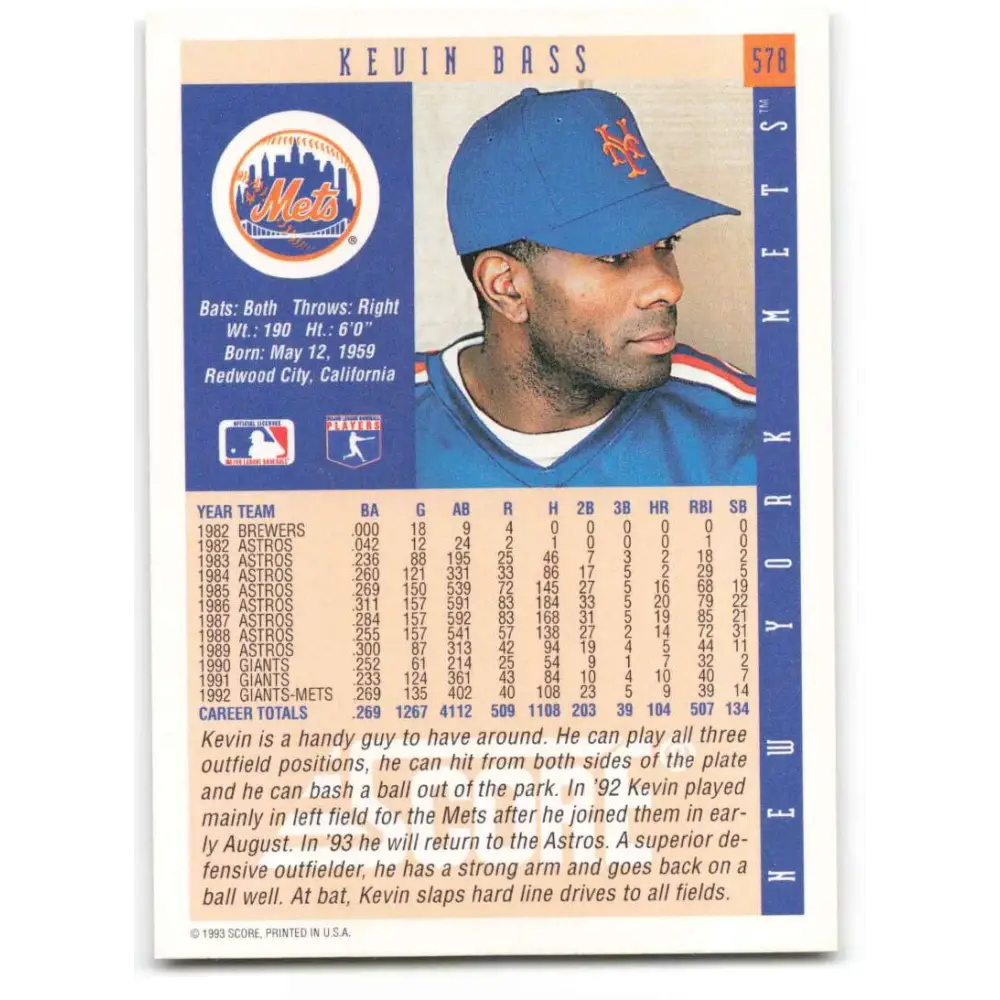 1993 Score #578 Kevin Bass NM-MT New York Mets Baseball Card Image 2