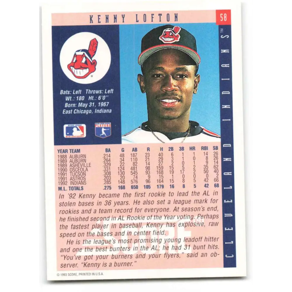 1993 Score #58 Kenny Lofton NM-MT Cleveland Indians Baseball Card Image 2