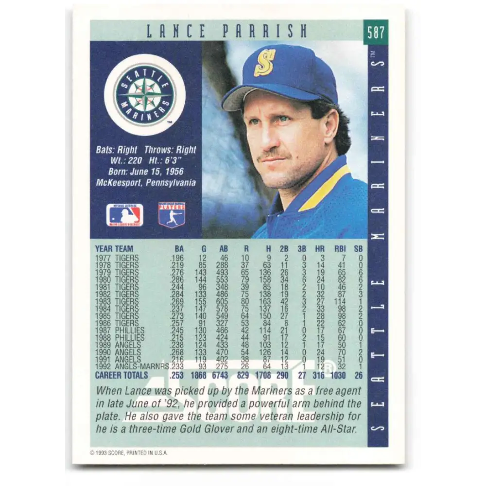 1993 Score #587 Lance Parrish NM-MT Seattle Mariners Baseball Card Image 2