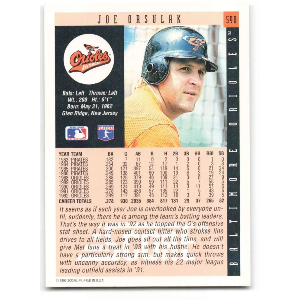 1993 Score #590 Joe Orsulak NM-MT Baltimore Orioles Baseball Card Image 2