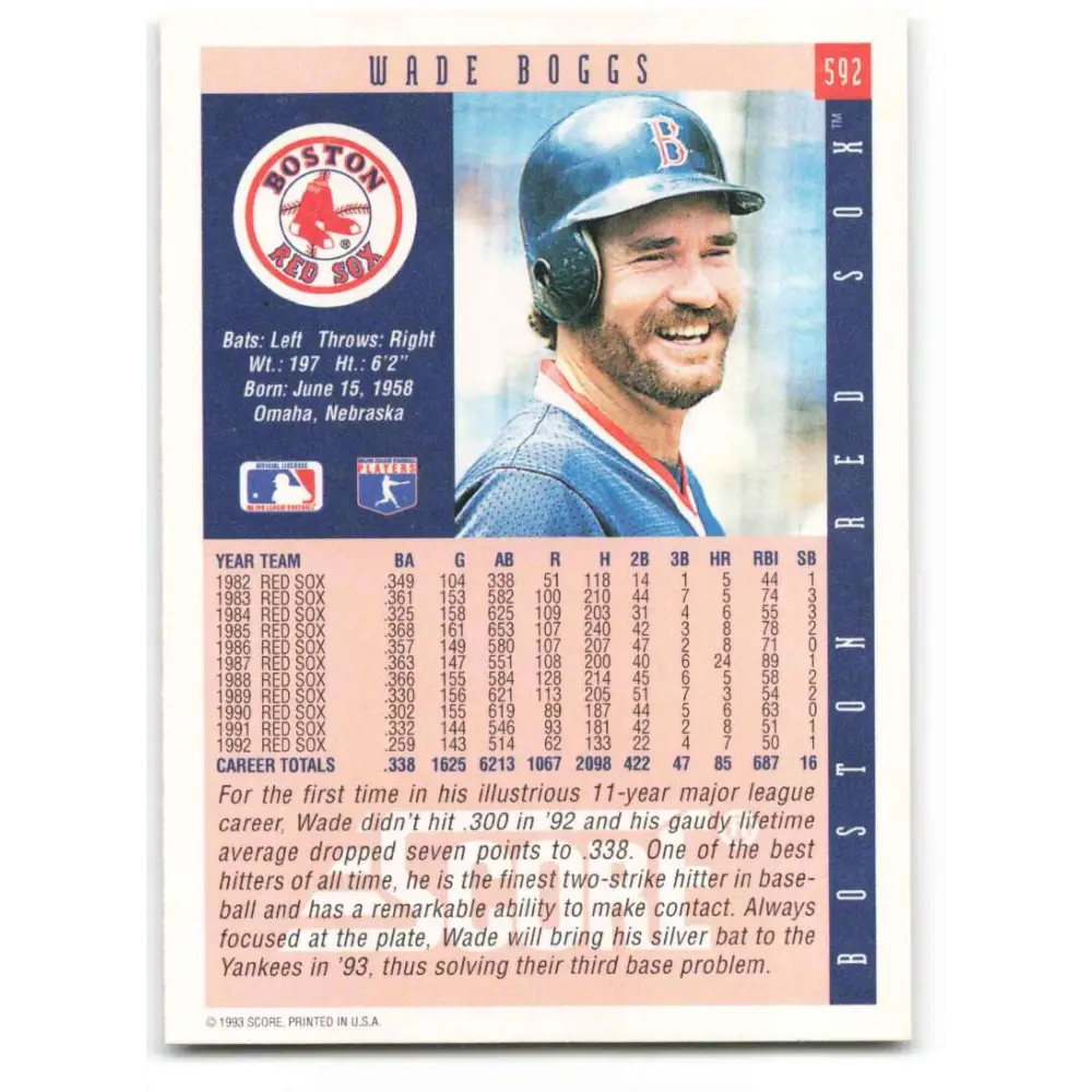 1993 Score #592 Wade Boggs NM-MT Boston Red Sox Baseball Card Image 2