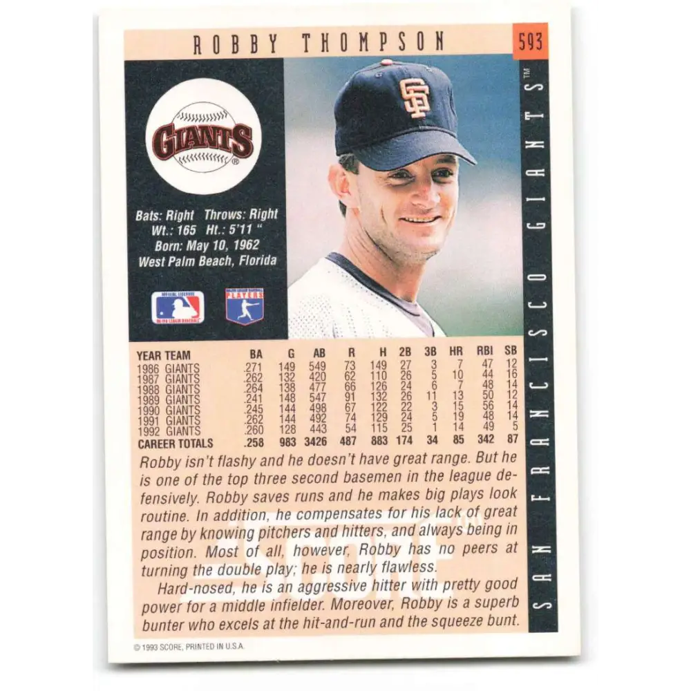 1993 Score #593 Robby Thompson NM-MT San Francisco Giants Baseball Card Image 2