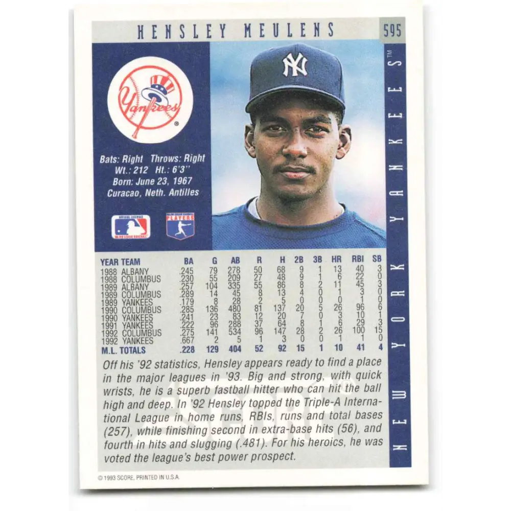 1993 Score #595 Hensley Meulens NM-MT New York Yankees Baseball Card Image 2
