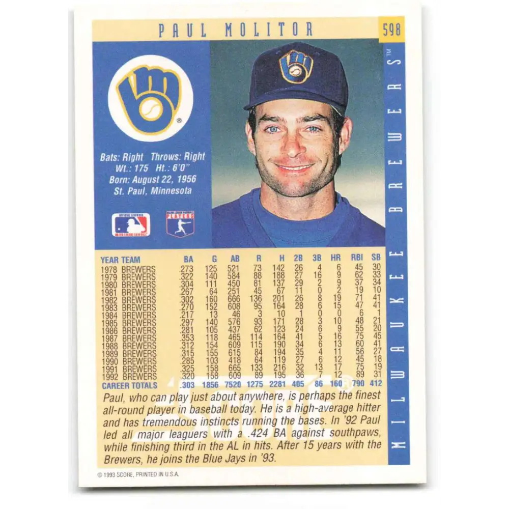 1993 Score #598 Paul Molitor NM-MT Milwaukee Brewers Baseball Card Image 2