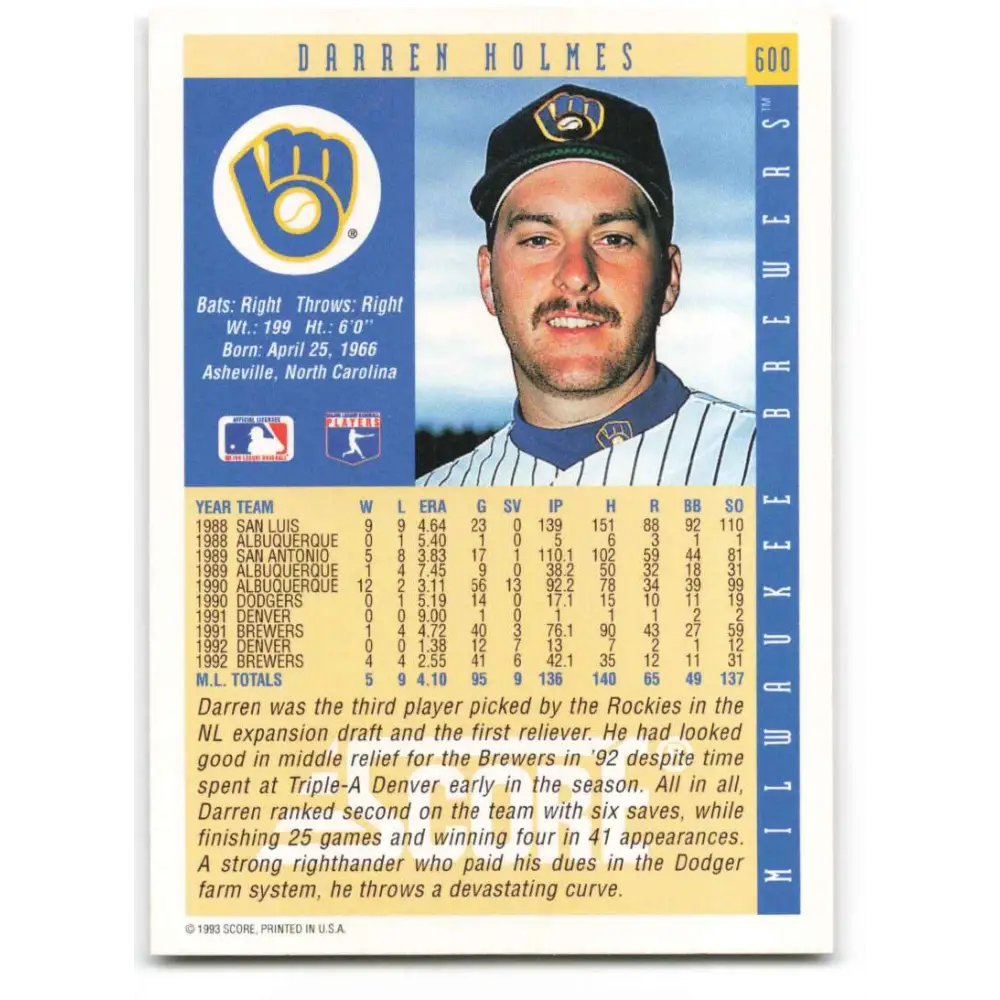 1993 Score #600 Darren Holmes NM-MT Milwaukee Brewers Baseball Card Image 2