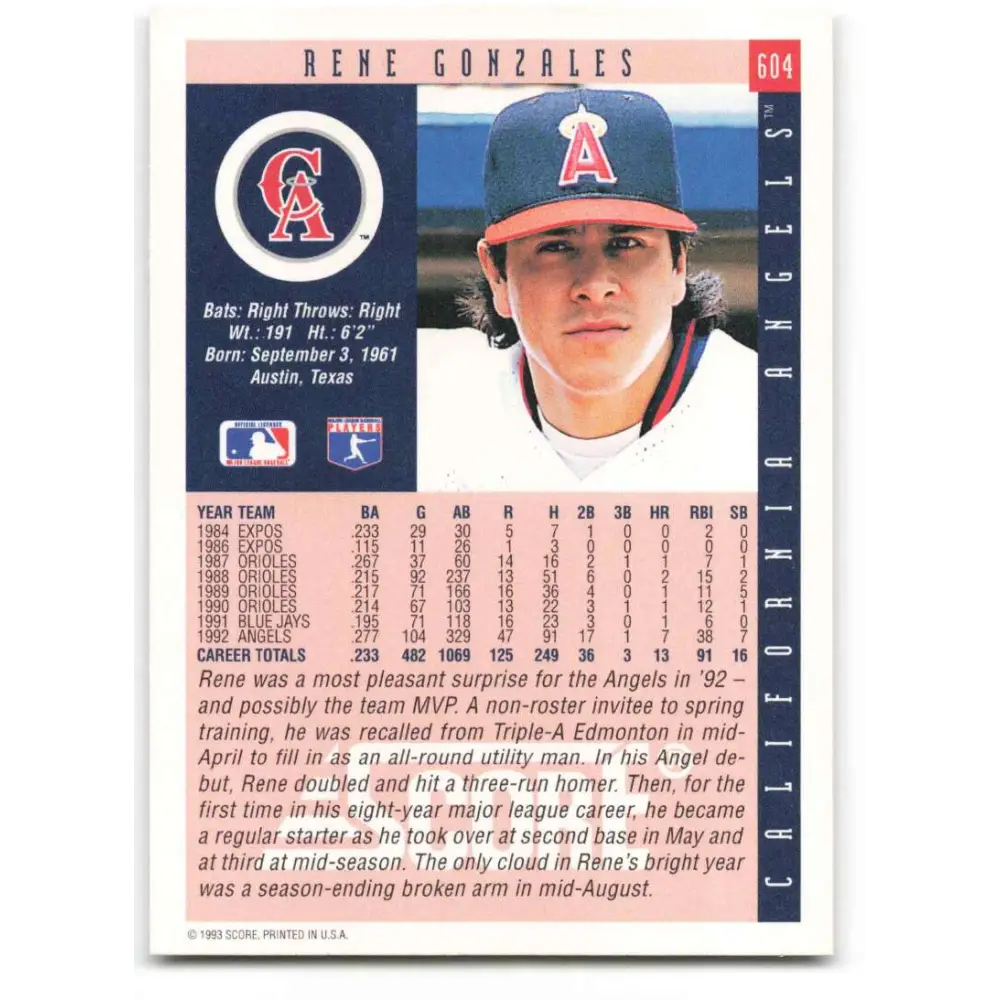 1993 Score #604 Rene Gonzales NM-MT California Angels Baseball Card Image 2