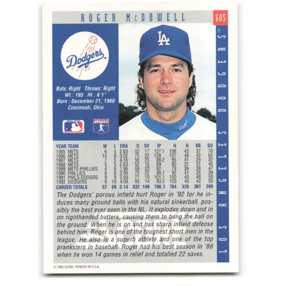 1993 Score #605 Roger McDowell NM-MT Los Angeles Dodgers Baseball Card Image 2