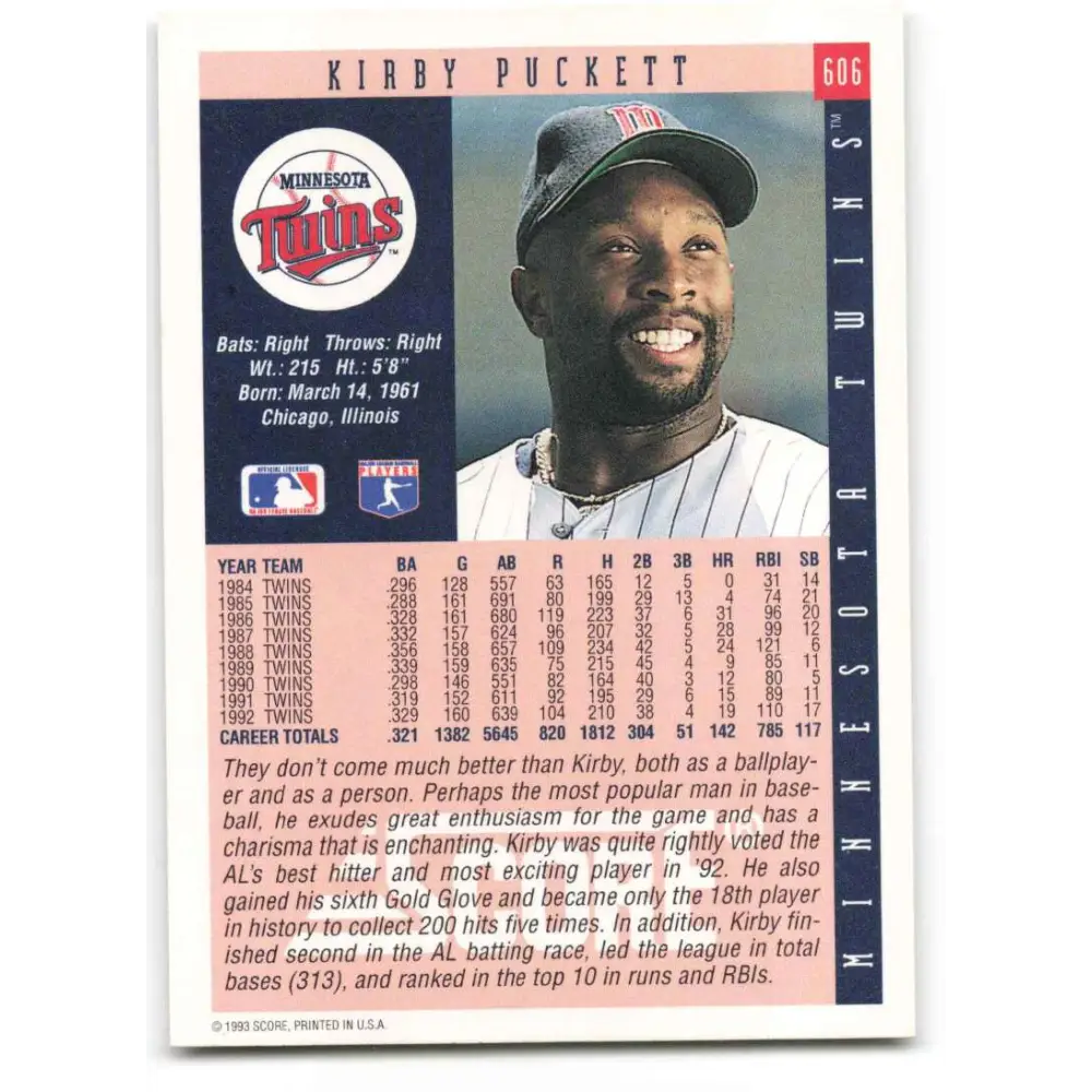 1993 Score #606 Kirby Puckett NM-MT Minnesota Twins Baseball Card Image 2