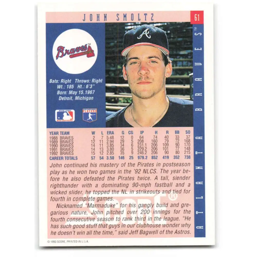 1993 Score #61 John Smoltz NM-MT Atlanta Braves Baseball Card Image 2