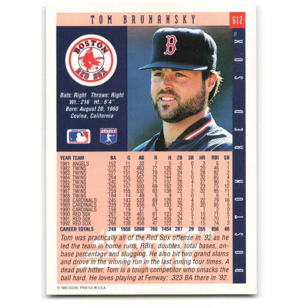 1993 Score #612 Tom Brunansky NM-MT Boston Red Sox Baseball Card Image 2