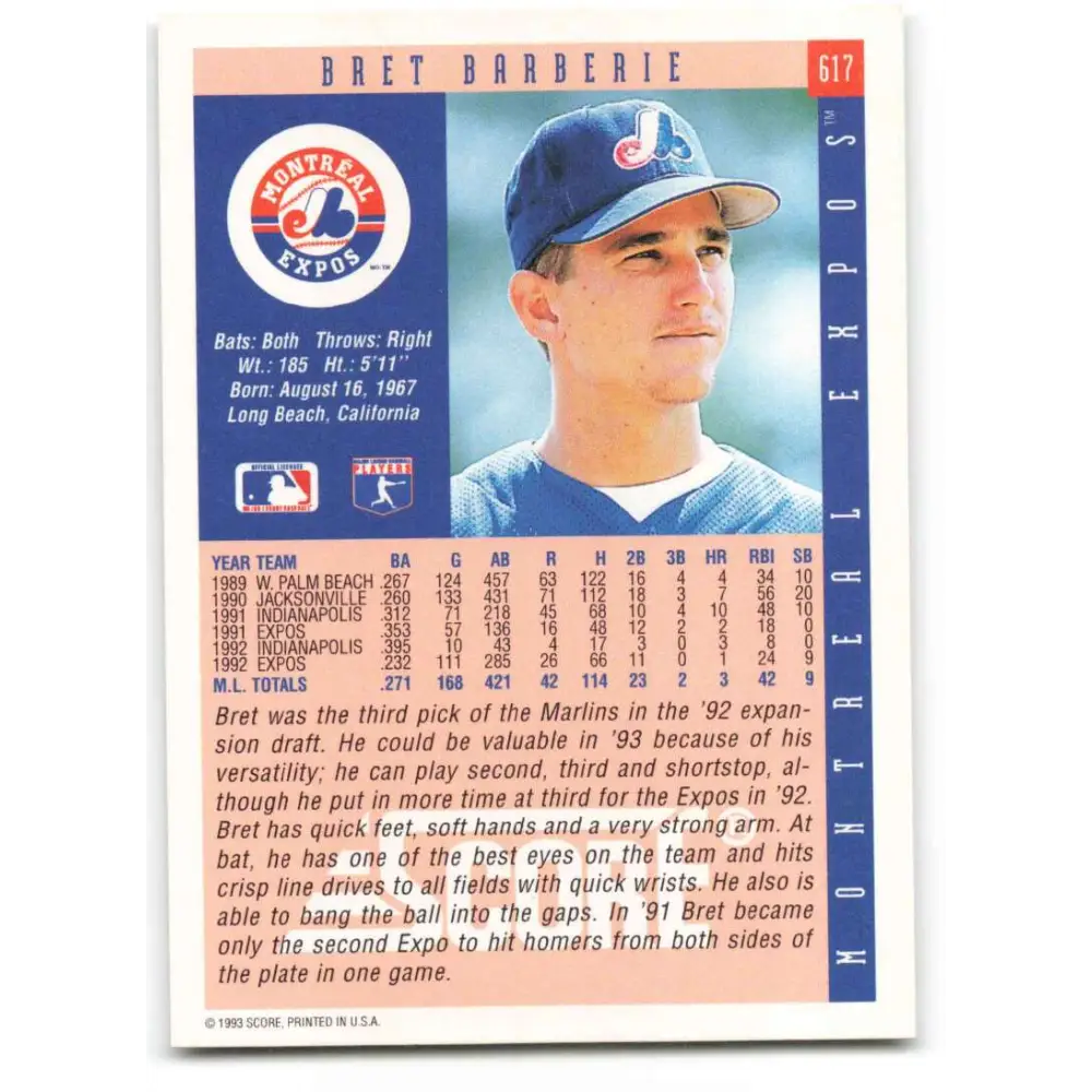 1993 Score #617 Bret Barberie NM-MT Montreal Expos Baseball Card Image 2